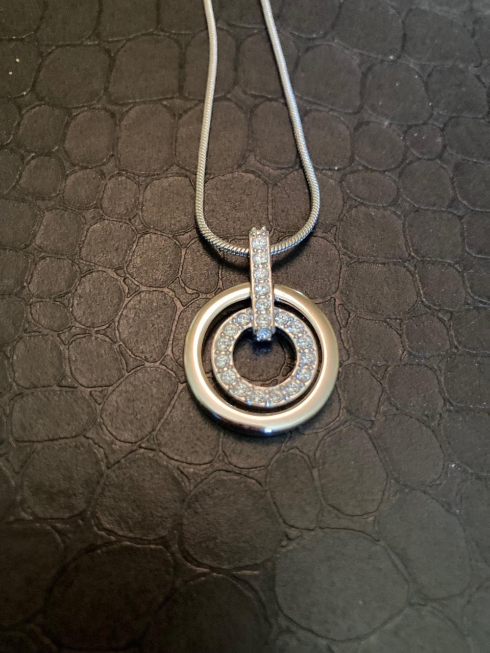 Vintage Swarovski crystal double circle pendant silver tone necklace